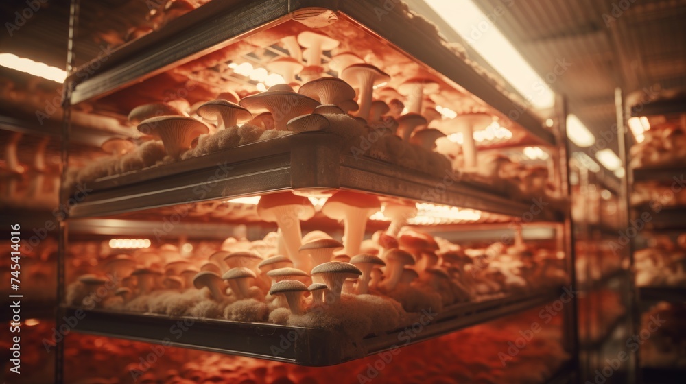 Generative AI A controlled environment in a mushroom farm with neatly arranged trays of different mushroom varieties.