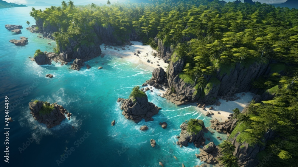 Generative AI A drone's aerial view capturing a remote island paradise enveloped in dense palm forests, with secluded bays and vibrant coral reefs along its coastline