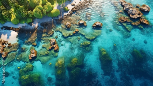 Generative AI A drone's-eye view of an exotic island group featuring palm-fringed beaches, turquoise lagoons, and a mosaic of coral reefs creating breathtaking underwater scenery.