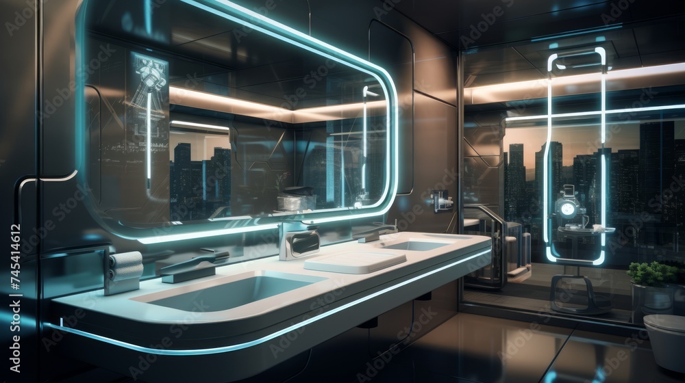 Generative AI A futuristic bathroom with high-tech features, LED-lit mirrors, and touchless fixtures. Generative AI A futuristic bathroom with high-tech features, LED-lit mirrors, and touchless fixtures.