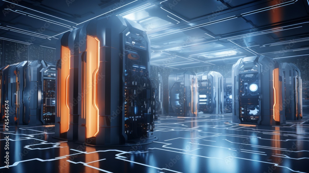 Generative AI A futuristic visualization of a render farm facility ...