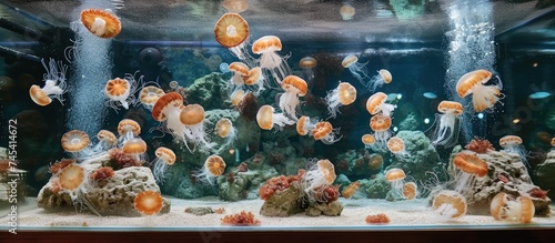 A large aquarium filled with numerous jellyfish floating gracefully in the water. The jellyfish move in a rhythmic motion, their translucent bodies glowing under the artificial lights of the tank.