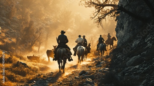 Generative AI A group of cowboys riding together, driving cattle through rugged terrain while navigating the challenges of the wild. © vadosloginov