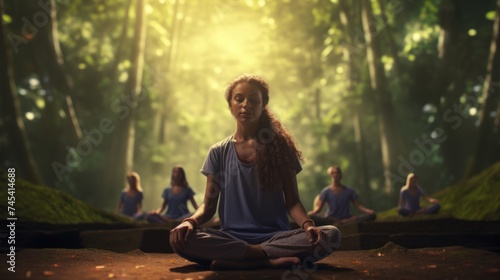 Generative AI A group of yogis engaged in a forest yoga retreat, fostering a deep connection with nature.