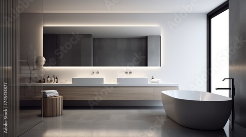 Generative AI A minimalist bathroom design with clean lines  monochrome palette  and recessed storage.