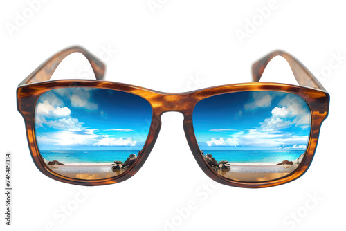 Stylish sunglasses with beach reflection