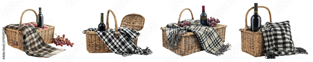 Set of picnic basket with wine bottle and checkered blanket, cut out - stock png. Set of picnic basket with wine bottle and checkered blanket, cut out - stock png.