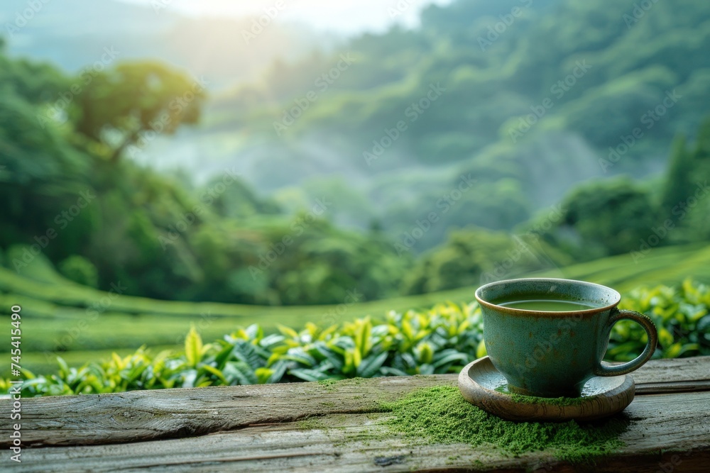 Ceramic cup of freshly brewed tea overlooking a vibrant matcha green tea field in the morning mist. a cup of freshly brewed matcha placed on a wooden ledge overlooking the plantation, from leaf to cup