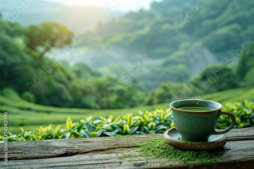 Ceramic cup of freshly brewed tea overlooking a vibrant matcha green tea field in the morning mist. a cup of freshly brewed matcha placed on a wooden ledge overlooking the plantation, from leaf to cup