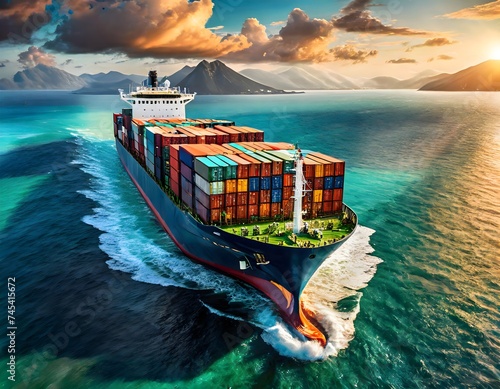 Über die endlose Weite: Ein Containerschiff segelt durch das offene Meer, Logistik, Transportschiff photo