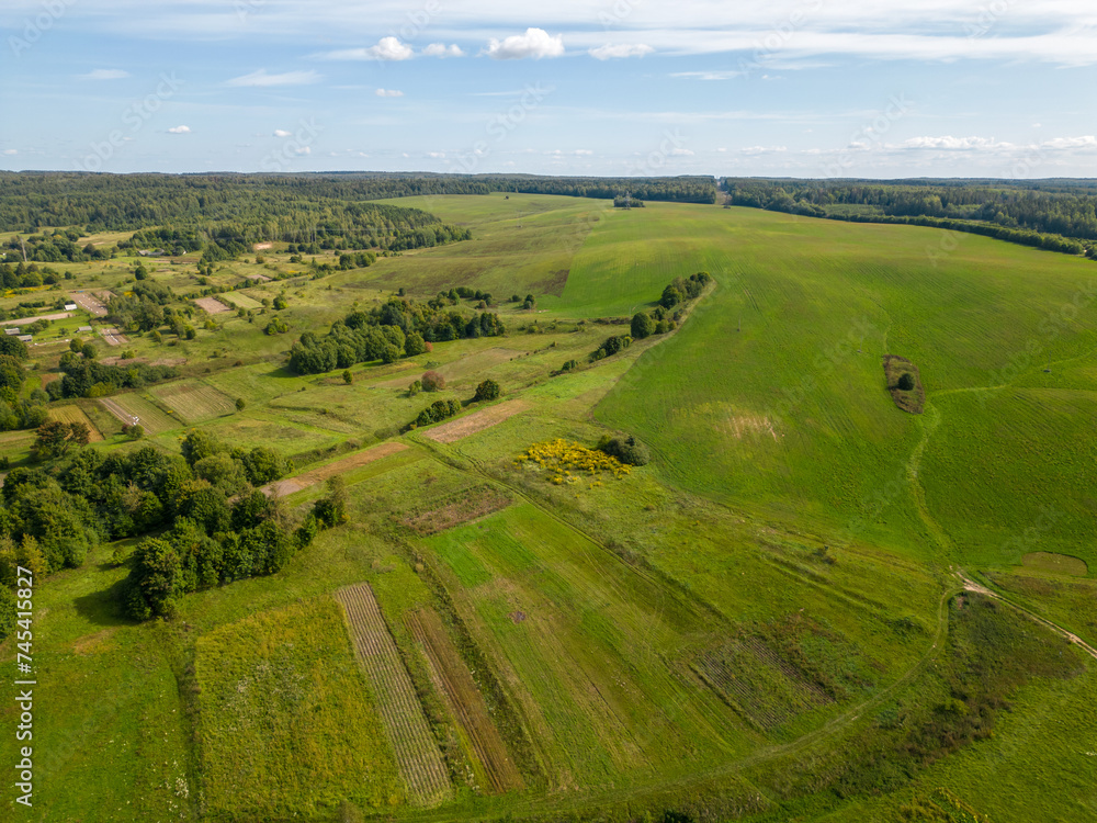 A drone photo of a young green wheat field during sunset. Aerial view of a farmer's field. Abstract patterns and straight lines on farmland. A drone photo of a young green wheat field during sunset. Aerial view of a farmer's field. Abstract patterns and straight lines on farmland.