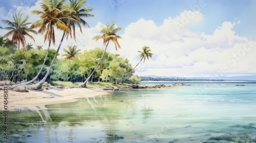 Generative AI A serene beach with palm trees and crystal-clear waters Land Art hyper realistic landscape watercolor