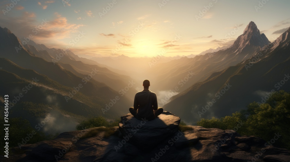 Generative AI A serene yogi practicing meditation atop a mountain peak, surrounded by breathtaking vistas.