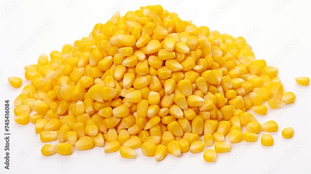 A small heap of corn kernels captured in a close-up realistic photo against a white background Generative AI A small heap of corn kernels captured in a close-up realistic photo against a white background Generative AI