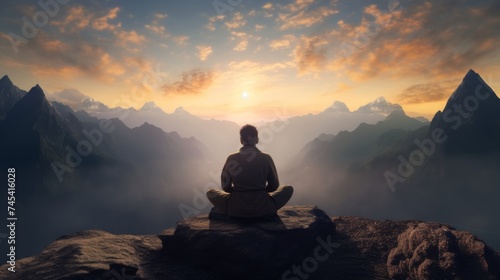 Generative AI A serene yogi practicing meditation atop a mountain peak, surrounded by breathtaking vistas. © vadosloginov