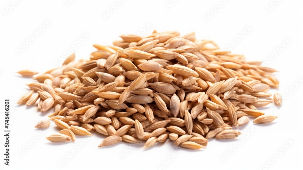Fototapeta premium A small pile of spelt grains showcased in a close-up realistic photo against a white background Generative AI