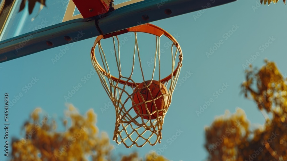A basket ball flies into the basket against the background A basket ball flies into the basket against the background
