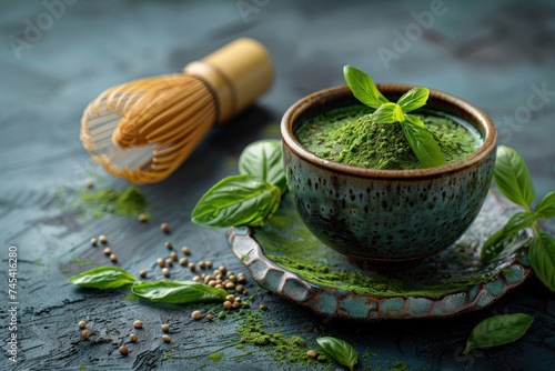 Ceremonial matcha tea in a traditional ceramic bowl with a bamboo whisk and fresh basil leaves on a rustic surface.