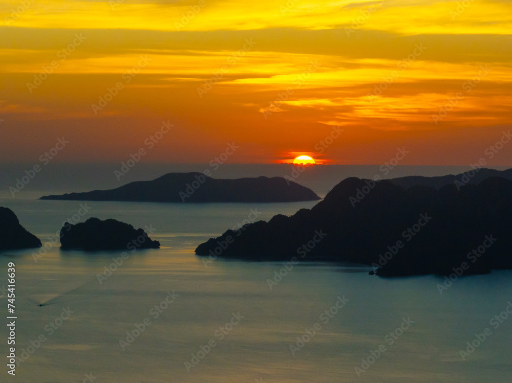 Beautiful Sunset over the sea and Islands in El Nido. Palawan, Philippines.