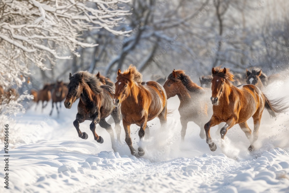 Herd of wild horses galloping vigorously through a snowy landscape with trees in the background. Herd of wild horses galloping vigorously through a snowy landscape with trees in the background.