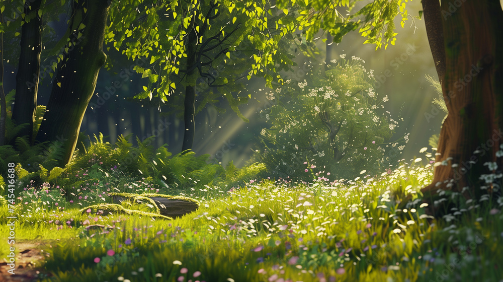 A serene forest glade bathed in soft sunlight, showcasing vibrant green foliage and delicate wildflowers in bloom, symbolizing nature's rejuvenation in May - obrazy, fototapety, plakaty 
