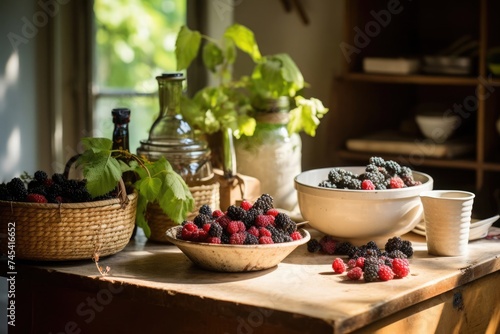 Sunlit rustic kitchen with fresh berries and vintage pottery