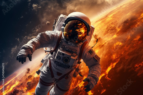 Astronaut Floating Above Fiery Planet Surface