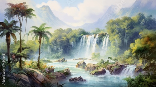 Generative AI A tropical rainforest with diverse vegetation and a waterfall. landscape watercolor