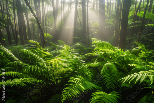 A serene image of a tranquil forest scene  with sunlight filtering through the trees onto a carpet of fresh  green ferns  evoking a sense of renewal and vitality