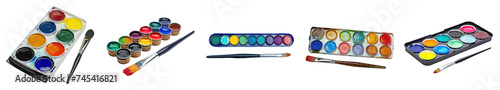 Set of watercolor paint set with brush ready for art, cut out - stock png.