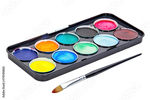 Watercolor paint set with brush ready for art, cut out - stock png.