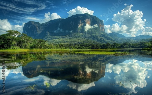 A towering cliff face is perfectly mirrored in the still waters of a serene lake, surrounded by a lush rainforest. Clouds drift gently in sky, completing the tranquil symmetry of this natural wonder.