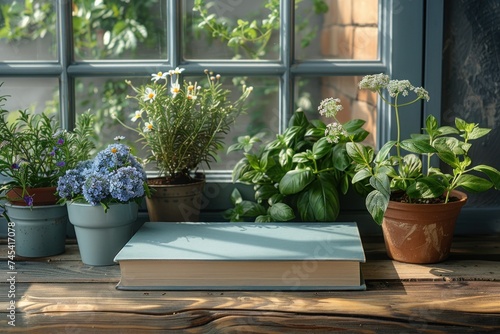 Bright and airy windowsill garden with an array of potted aromatic herbs and flowering plants  complemented by a closed light blue book.