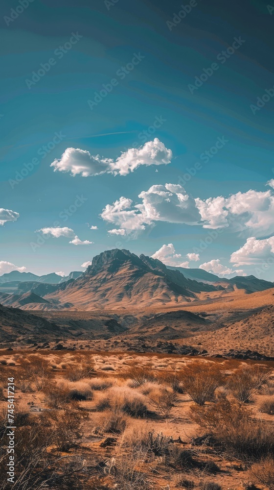 A rugged mountain stands as a sentinel over the undulating desert terrain, with a serene sky stretching above. The play of light and shadows emphasizes the textured landscape's natural splendor.