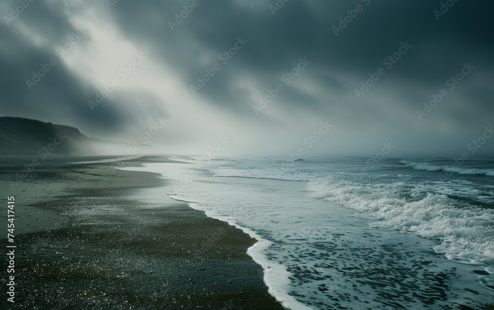 The moody atmosphere of a foggy beach is captured as waves rush over the pebbled shore, with the distant cliffs obscured by the sea mist. It's a scene of captivating natural drama.