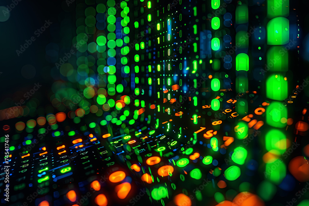 Fototapeta premium Binary matrix background. Falling digits on dark backdrop. Running random numbers. Abstract data concept. Blue futuristic cyberspace.