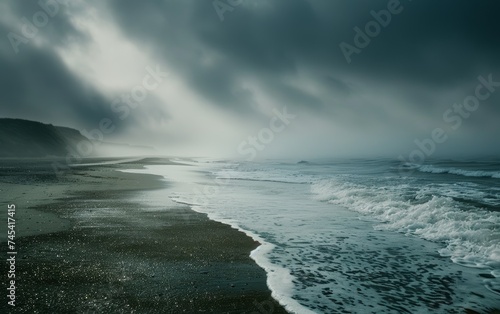 The moody atmosphere of a foggy beach is captured as waves rush over the pebbled shore, with the distant cliffs obscured by the sea mist. It's a scene of captivating natural drama.