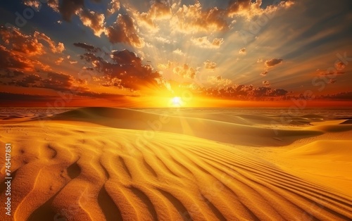 The setting sun sends streaks of light across the desert sky, highlighting the rippling sand patterns below. The desert glows under the expansive sunset.
