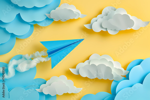 Un avion en papier bleu volant parmi des nuages en papier découpé sur un fond jaune vif photo