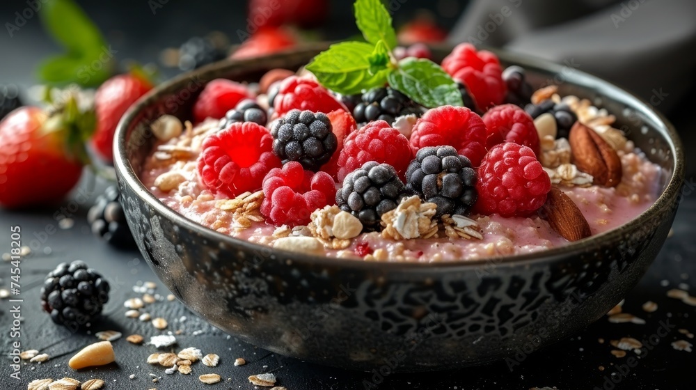 Wholesome breakfast bowl with milk, cereal flakes, nuts, and berries for a nutritious start. Wholesome breakfast bowl with milk, cereal flakes, nuts, and berries for a nutritious start.