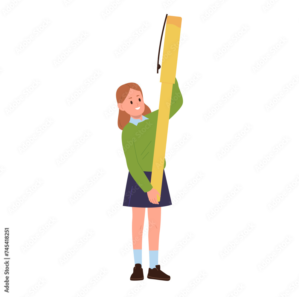 Cute little schoolgirl cartoon character holding giant ballpoint pen standing isolated on white Cute little schoolgirl cartoon character holding giant ballpoint pen standing isolated on white