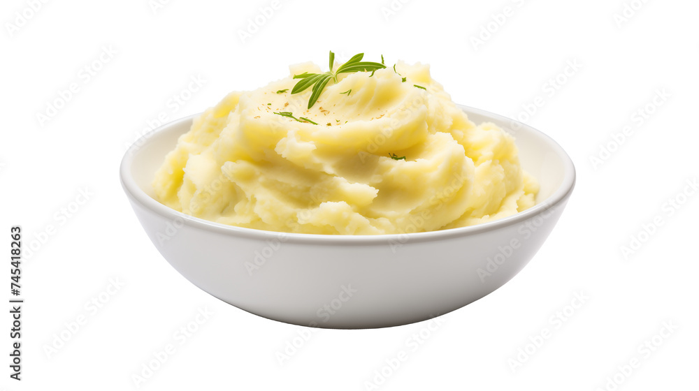 Smooth Mashed Potatoes with Herb Garnish in White Bowl, Ideal for Food Magazines and Recipe Sites