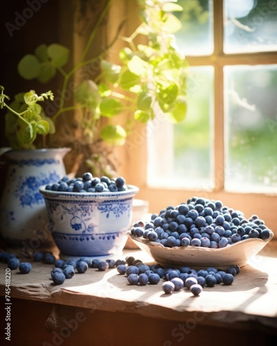 Rustic kitchen scene with fresh blueberries in a vintage bowl by the sunny window.