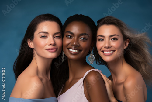 Trio of smiling women on blue background