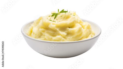 Smooth Mashed Potatoes with Herb Garnish in White Bowl, Ideal for Food Magazines and Recipe Sites