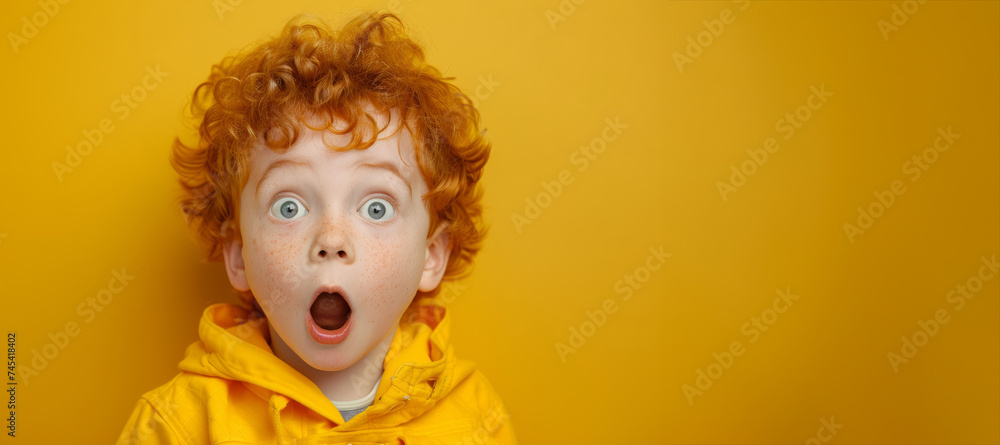surprised 5-year-old red-haired boy dressed in vibrant yellow clothing. copy space, this image is perfect for a variety of projects. Banner in a yellow background. messages of joy, wonder, and energy