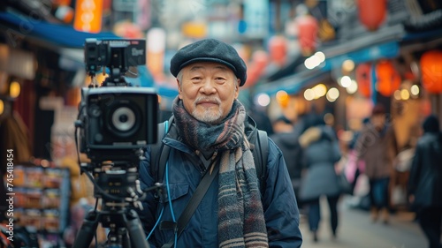 Cinematic shot, South Korean film director, overseeing a dramatic scene on a bustling Seoul street.