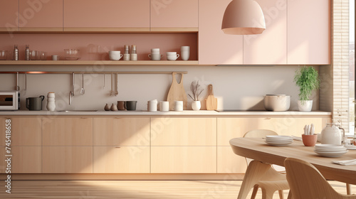 A light-peach color kitchen with pink cabinetry, wooden table and chairs, and wood flooring © Natasha 