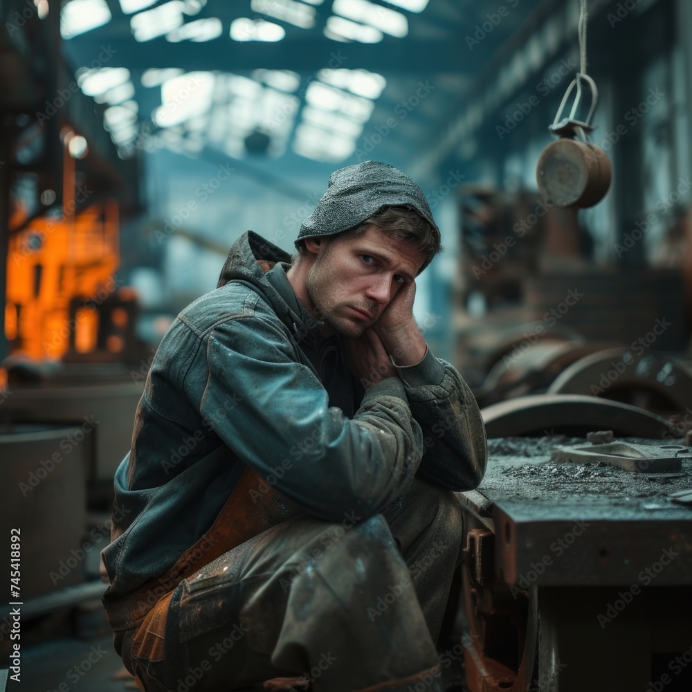 Factory workers are sad, full of pressure, hopeless, have no enthusiasm for life, expressions of mental disorders and health problems, the atmosphere in the factory. Generative Ai