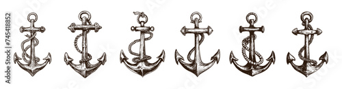 Collection of drawn Anchors. Sketch illustration